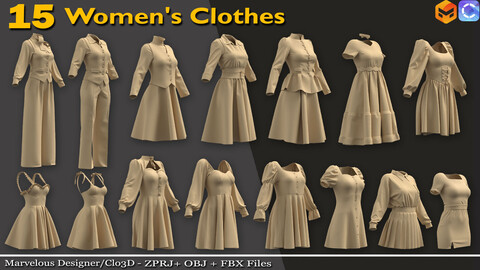 15 women's  clothes - Marvelous Designer/Clo3d (ZPRJ) + OBJ + FBX