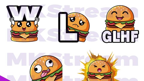 Twitch emotes cute burger W, L, GLHF, silly & explode pack