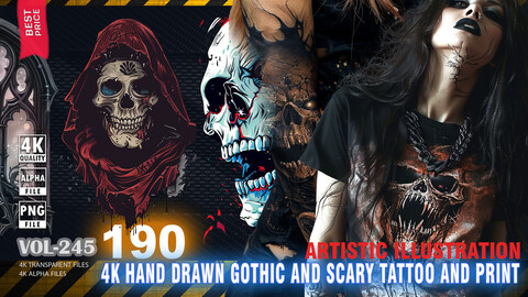 190 4K HAND DRAWN GOTHIC AND SCARY TATTOO AND PRINT - ARTISTIC ILLUSTRATION - HIGH END QUALITY RES - (TRANSPARENT & ALPHA) - VOL245