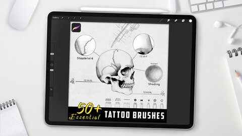 50+ Essential Tattoo Brushes (Stipple Shading, Round Liner and Shader, Magnum, Flat) for Procreate