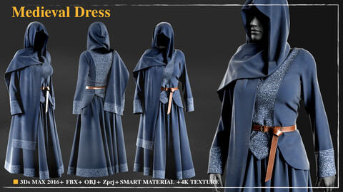 medieval Dress 001/ Marvelous Designer / 4k Textures/Smart material / OBJ-FBX