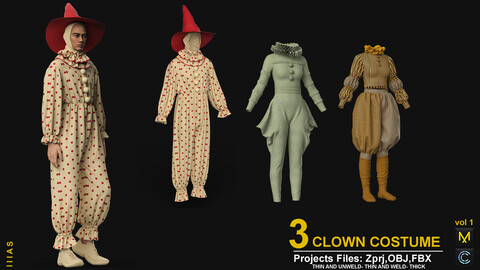 3 CLOWN COSTUME VOL 1 (MARVELOUS DESIGNER AND CLO3D)ZPRJ, OBJ, FBX,UV