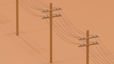 Wooden Telephone Pole Power Line Low-poly 3D model