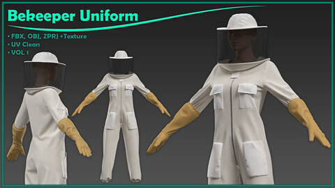 female beekeeper uniform with texture/ zprj+obj+fbx+4K PBR/ clo3d, marvelous designer/outfit