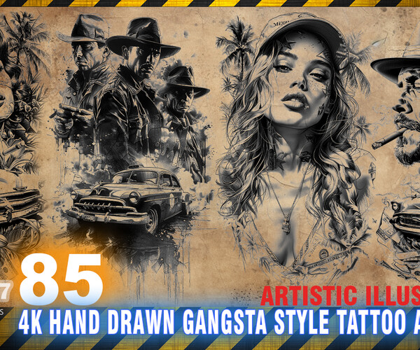 ArtStation - 85 4K HAND DRAWN GANGSTA SLEEVE STYLE TATTOO AND PRINT ...