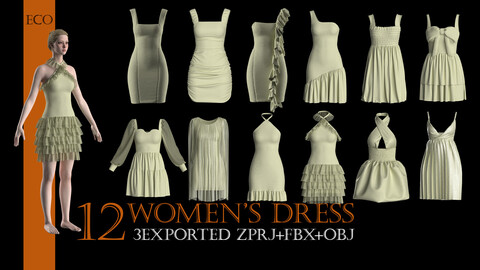 12 WOMEN'S DRESS PACK - Marvelous Designer/Clo3D project file+OBJ,FBX