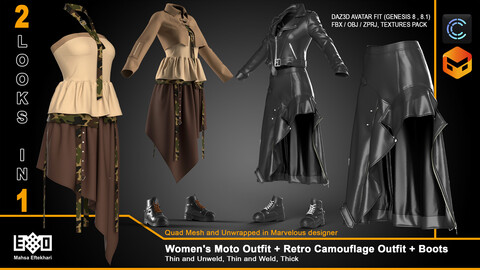 Women's Moto Outfit & Retro Camouflage Outfit + Boots (ZPRJ+FBX+OBJ Files)