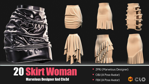 20 Skirt Women (CLO3D, MD PROJECTS+OBJ+FBX) + 1 Free