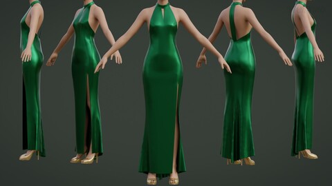 3D Green silk satin prom dress - halter neck backless gown