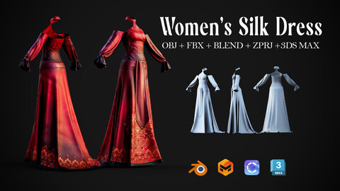 Women's Silk Dress (Vol03)- Retopo + FBX + OBJ + Blender + 3dsMax + Marvelous Designer + Clo3D