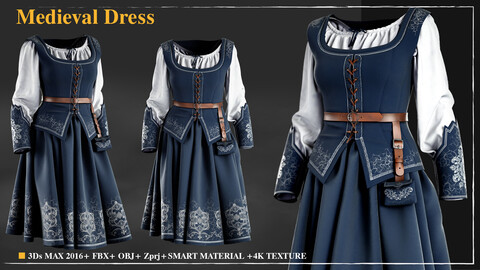 medieval Dress 002/ Marvelous Designer / 4k Textures/Smart material / OBJ-FBX