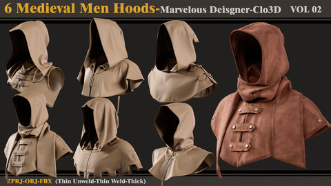 6 Medieval Men Hoods/Marvelous Designer-Clo3D(ZPRJ + FBX + OBJ)-VOL 2