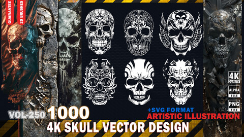 1000 4K SKULL VECTOR DESIGN - ARTISTIC ILLUSTRATION - HIGH END QUALITY RES - (TRANSPARENT & ALPHA & VECTOR) - VOL250