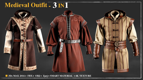 3 Medieval outfit (Male) / Marvelous Designer / 4k Textures/Smart material / OBJ-FBX