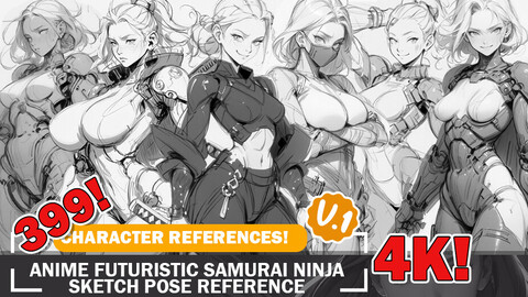 399 Various Anime Futuristic Samurai and Ninja Warriors Sketch Poses Characters Reference and Designs Reference Art V1 4K