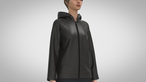 Leather Zip-up Hooded Jacket, Clo, Marvelous Designer +obj, fbx