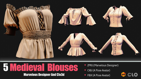 5 Medieval Women Blouses (CLO3D, MD PROJECTS+OBJ+FBX)