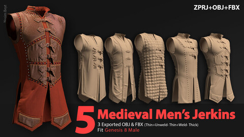 5 Medieval Men's Jerkins Pack (VOL.01). Marvelous Designer/Clo3D project file+OBJ,FBX