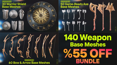 Ultimate Low-Poly Weapons BUNDLE: 140 Game-Ready Base Meshes with 55% Discount!