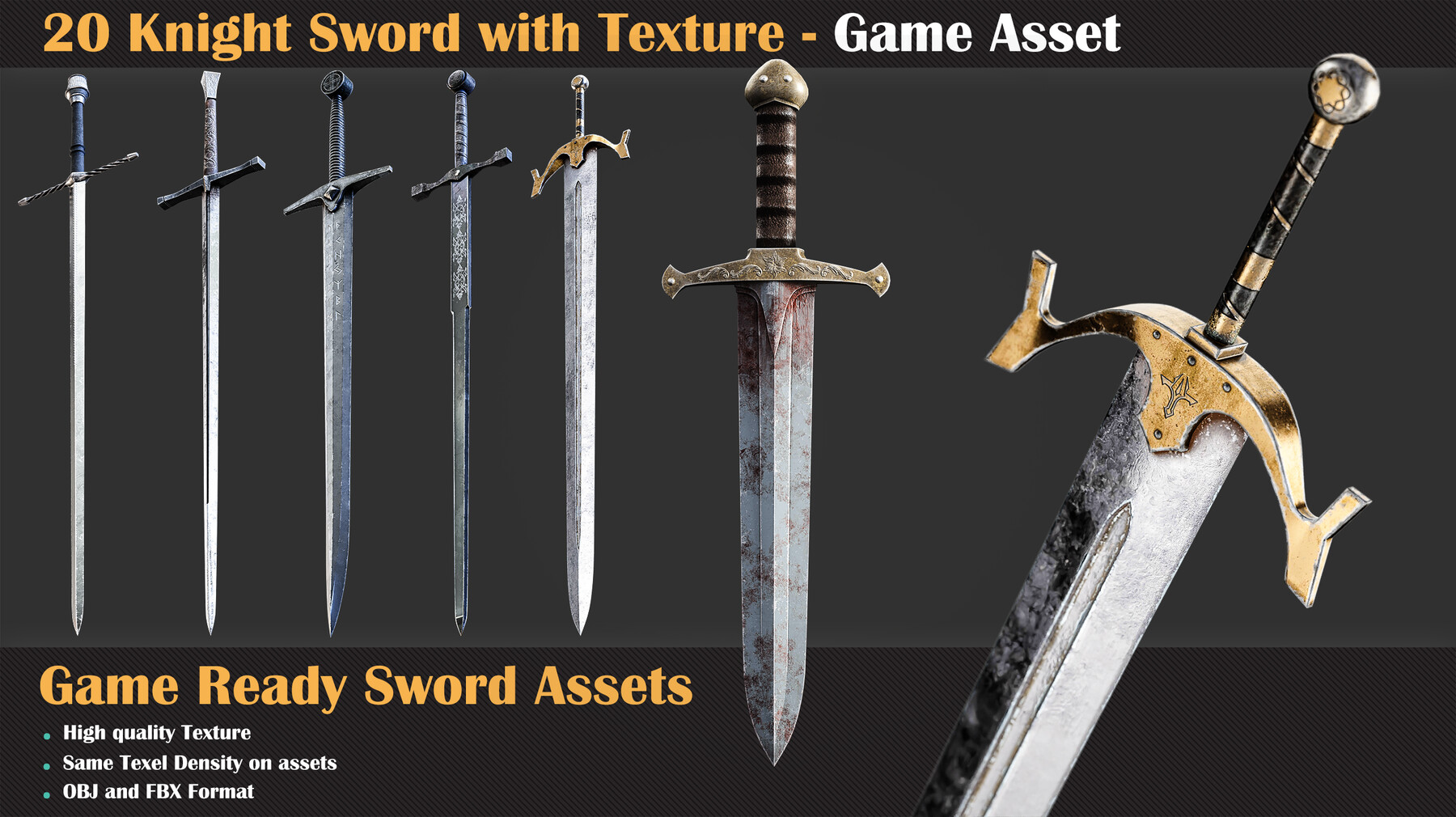 20 Knight Sword with Texture - Game Asset