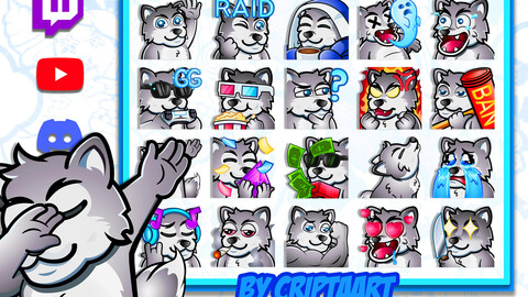 Gray Wolf emotes mega pack, animal emojis, husky, kawaii icons, items for streaming, Discord, Tiktok,