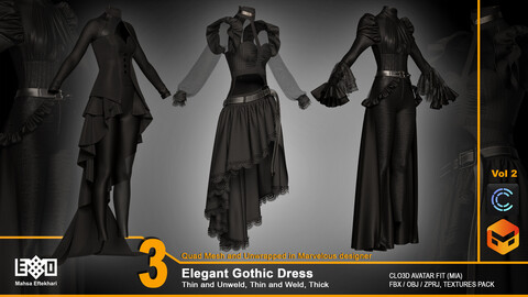 3 Elegant Gothic Dress - VOL2 (ZPRJ+FBX+OBJ Files)