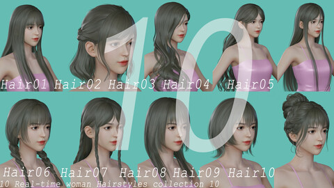 12 Real-time Hairstyles for female collection 10 female hair haircut head girl young female blonde brunette beautiful wig character hairstyle haircut human real time ingame lowpoly