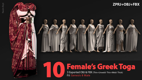 10 Female's Greek Toga pack(VOL.02). Marvelous Designer/Clo3D project file+OBJ,FBX