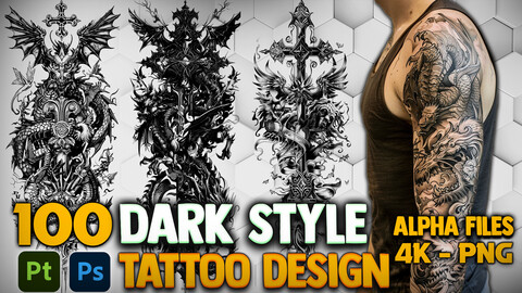 100 Dark Style - Tattoo Design (PNG + Alpha Files)-4K- High Quality