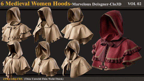 6 Medieval Women Hoods/MD-Clo3D (ZPRJ + FBX + OBJ)-VOL 2