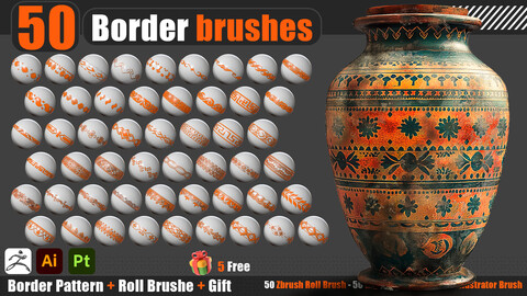 50 Border Brushes (Zbrush+Illustrator+Psd+Tif+Svg)5 Free