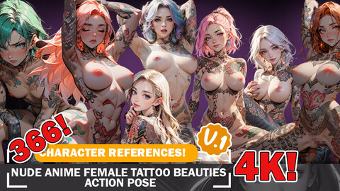 366 Action Pose Nude Anime Tattooed Female Beauties Characters Reference and Designs Reference Art V1 4K