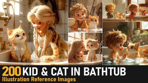 Kid & Cat In Bathtub|4K Reference Images