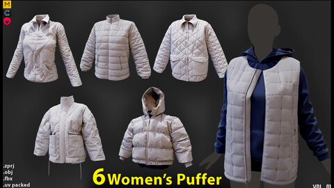 6 in 1 Women's Puffer + MD/Clo3d (OBJ+ FBX+ ZPRJ)