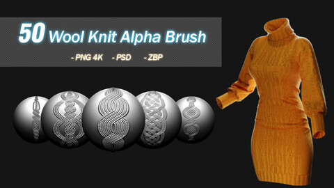 50 Wool Knit Alpha Brushes (PNG 4K, PSD, ZBP)