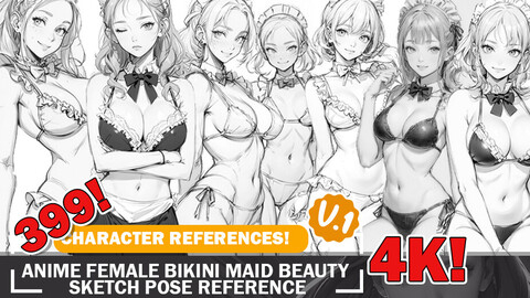 399 Various Anime Bikini Maid Beauty Sketch Pose Characters Intricate Design Reference Art V1 4K