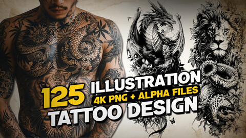 125 Illustration - Tattoo Design (PNG + Alpha Files)-4K- High Quality