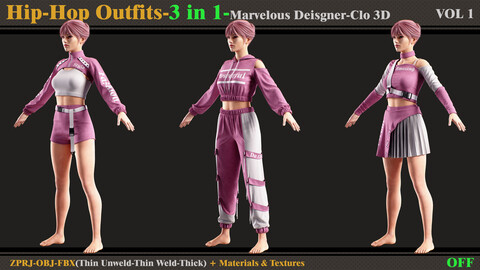 3 in 1 Hip-Hop Outfit-MD/Clo3d (OBJ+FBX+ZPRJ) + Smart Material + Textures