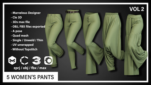 5 WOMEN'S PANTS (CLO3D, MD PROJECTS+OBJ+FBX)