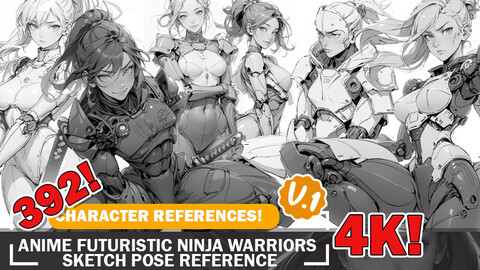 392 Various Anime Futuristic Ninja Warriors Sketch Pose Diverse Outfit Character Design Reference Art V1 4K