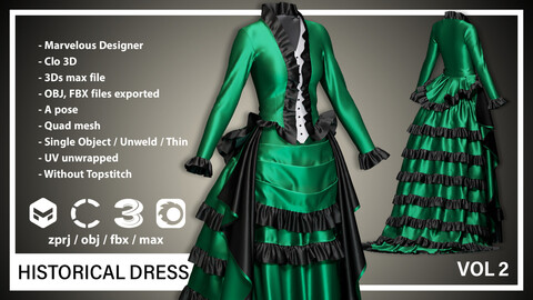 HISTORICAL DRESS(CLO3D, MD PROJECTS+OBJ+FBX)