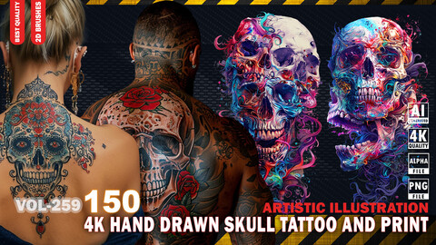 150 4K HAND DRAWN SKULL TATTOO AND PRINT - ARTISTIC ILLUSTRATION - HIGH END QUALITY RES - (TRANSPARENT & ALPHA) - VOL259