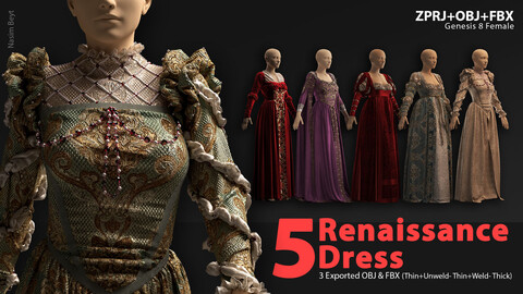 5 Renaissance women's clothes (VOL.01). Marvelous Designer/Clo3D project file+OBJ,FBX