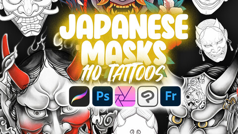 110 Procreate Japanese Masks Tattoo Stamps | Procreate Noh Masks Tattoo Stamps | Procreate Kyōgen Masks Tattoo Stamps | Procreate Gigaku Masks Tattoo Stamps | Procreate Oni Masks Tattoo Stamps | Procreate Tattoo Stamps