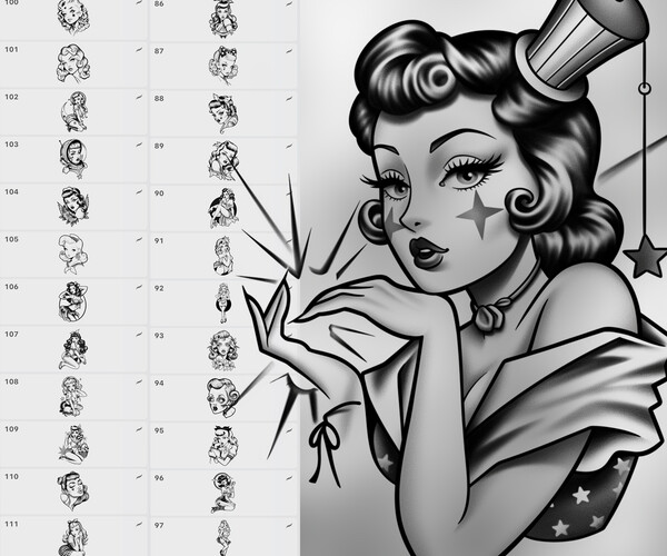 Artstation - 110 Procreate Pin-up Ladies Tattoo Stamps 