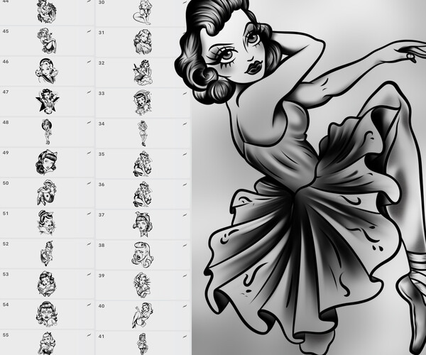 ArtStation - 110 Procreate Pin-up Ladies Tattoo Stamps | Photoshop Neo ...