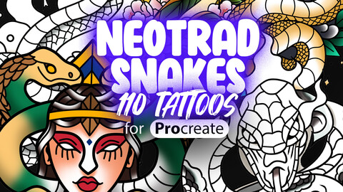 110 Procreate Neo-traditional Snakes Tattoo Stamps | Procreate Neo-traditional Snakes Tattoo Brushes | Snake Brushes | Tattoo Templates