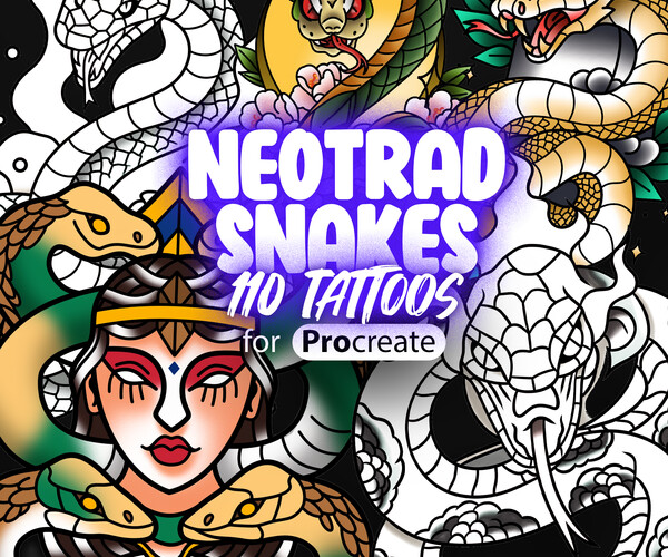 Artstation - 110 Procreate Neo-traditional Snakes Tattoo Stamps 