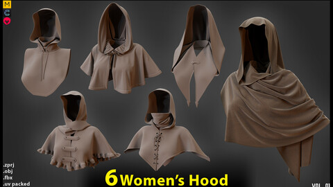 6 in 1 Medieval Hood-Female- MD/Clo3d (OBJ+ FBX+ ZPRJ)