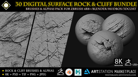 30 Digital Surface Rock & Cliff Brushes & Alphas BUNDLE - ZBrush/Blender/Mudbox/3dcoat